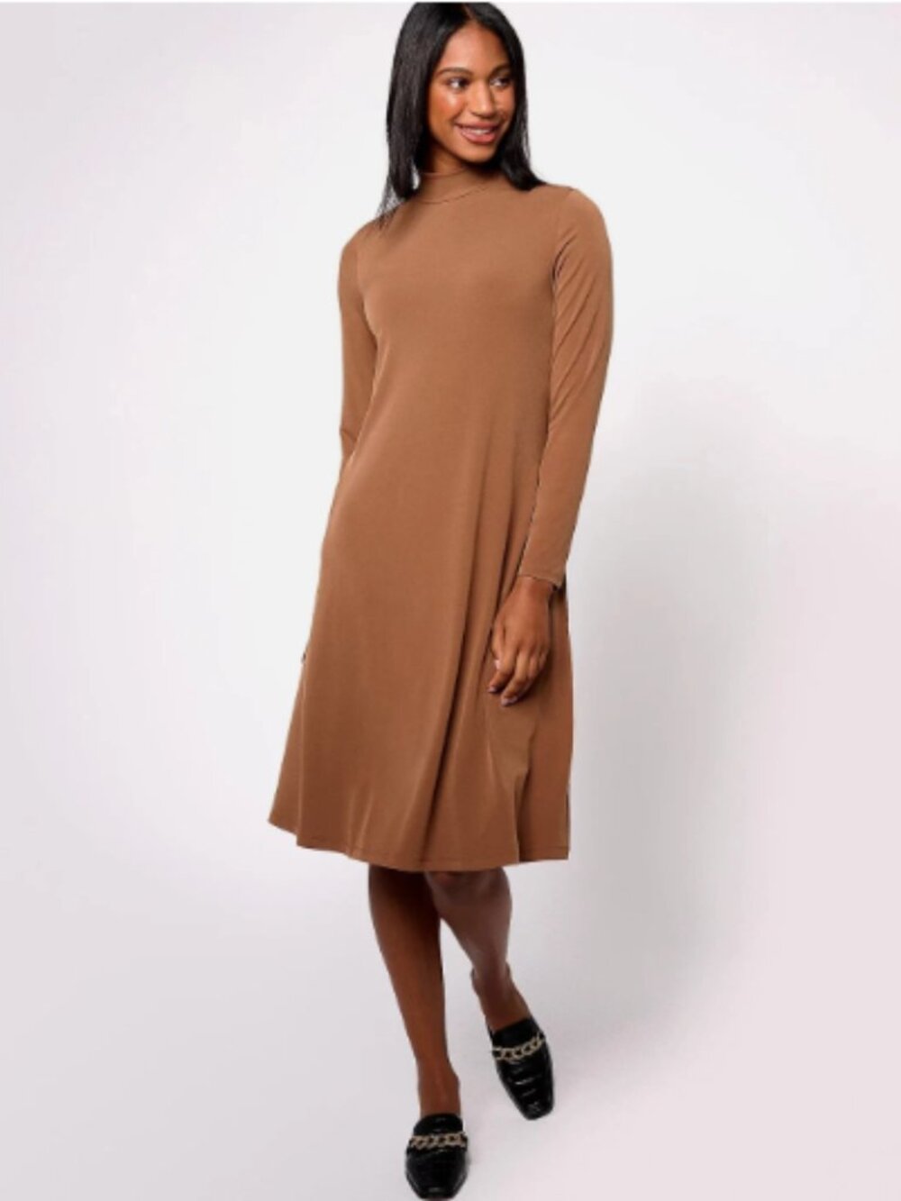 Susan Graver Liquid Knit A-Line Lng-Slv Mck Neck Dress-Toffee-Petite 4X-A615710